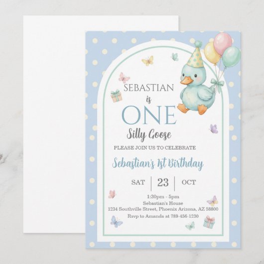 One Silly Goose Blue Boy 1st Birthday Kaart (Voorkant / Achterkant)