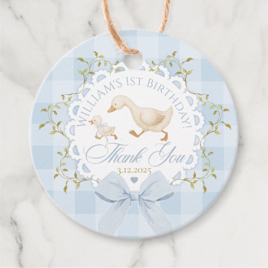One Silly Goose Blue Gingham Bow Thank you Bedankjes Labels (Voorkant)