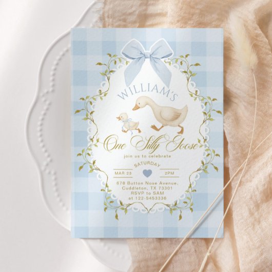 One Silly Goose Blue Gingham Boy 1st Birthday Kaart