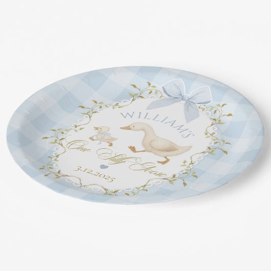 One Silly Goose Blue Gingham Boy 1st Birthday Papieren Bordje (Gekanteld)