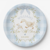 One Silly Goose Blue Gingham Boy 1st Birthday Papieren Bordje (Voorkant)
