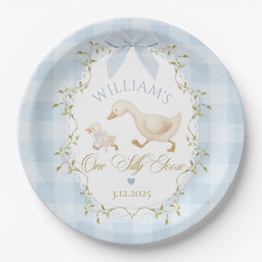 One Silly Goose Blue Gingham Boy 1st Birthday Papieren Bordje (Voorkant)