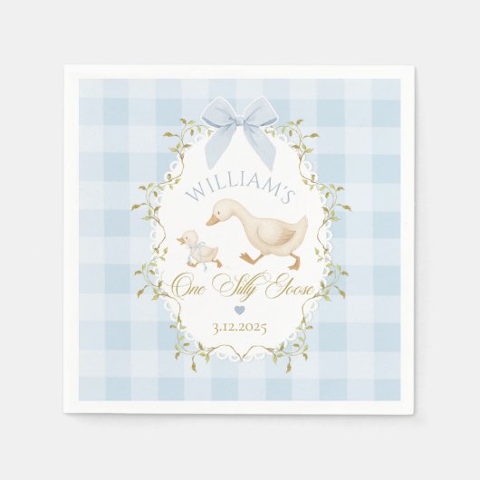 One Silly Goose Blue Gingham Boy 1st Birthday Servet (Voorkant)