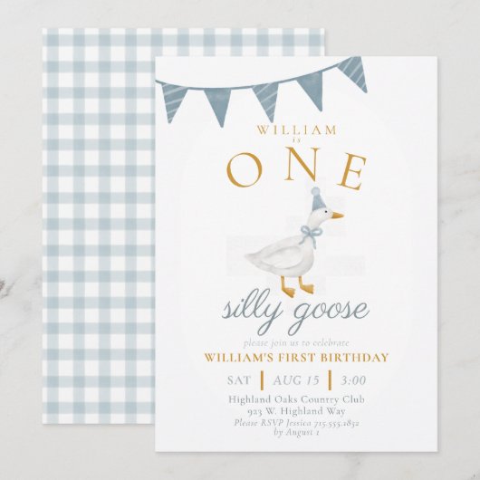 ONE Silly Goose Blue Gingham Boy First Birthday  Kaart (Voorkant / Achterkant)