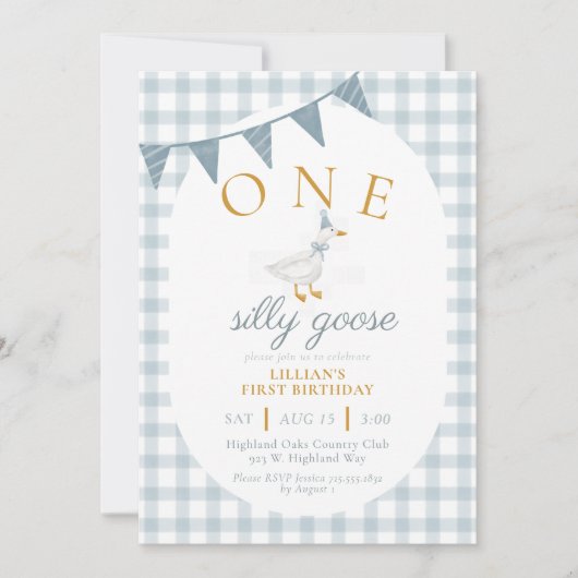 ONE Silly Goose Blue Gingham Daisy First Birthday Kaart (Voorkant)