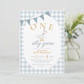 ONE Silly Goose Blue Gingham Daisy First Birthday Kaart (Staand voorkant)