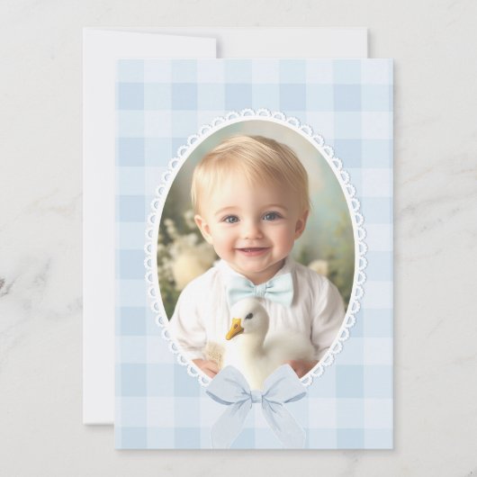 One Silly Goose Blue Gingham Photo 1st Birthday Kaart (Achterkant)