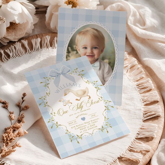 One Silly Goose Blue Gingham Photo 1st Birthday Kaart