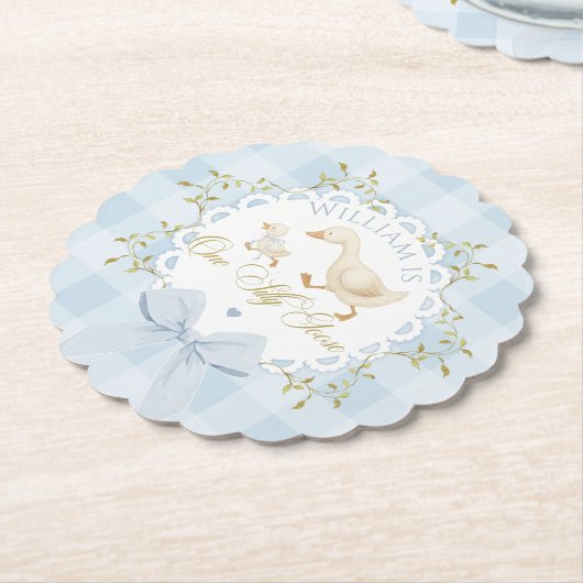 One Silly Goose Blue Goingham Whimsical Birthday Kartonnen Onderzetters (Gekanteld)