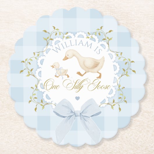 One Silly Goose Blue Goingham Whimsical Birthday Kartonnen Onderzetters (Voorkant)