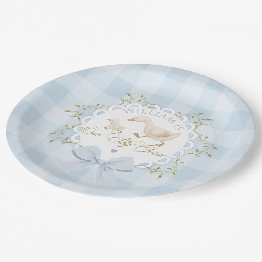 One Silly Goose Blue Goingham Whimsical Birthday Papieren Bordje (Gekanteld)