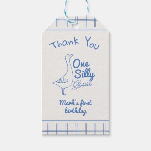One Silly Goose Blue Hand Drawn 1st Boy Birthday Cadeaulabel (Voorkant)