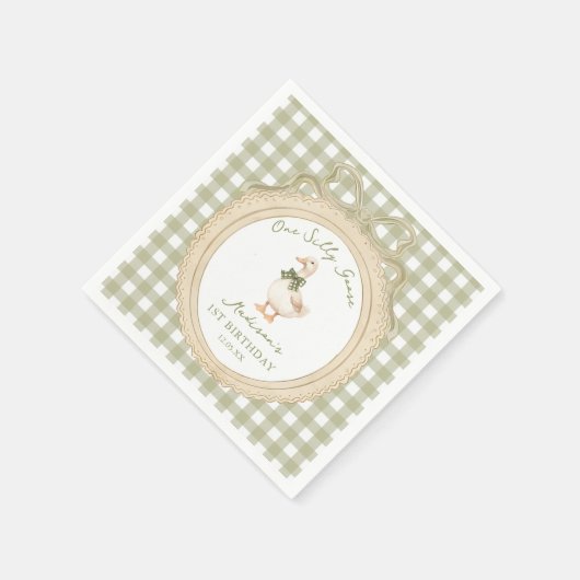 One Silly Goose Bow Gingham 1st Birthday Napkin Servet (Hoek)