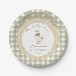 One Silly Goose Bow Gingham 1st Birthday Papieren Bordje