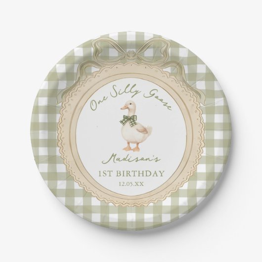 One Silly Goose Bow Gingham 1st Birthday Papieren Bordje (Voorkant)