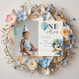 One Silly Goose Boy 1st Birthday Invitation Kaart
