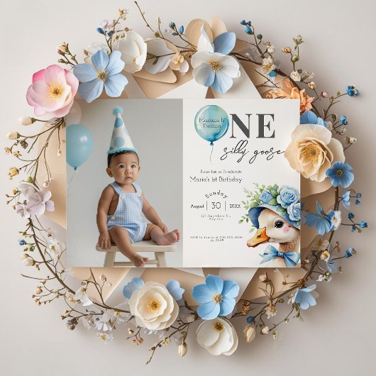 One Silly Goose Boy 1st Birthday  Invitation Kaart