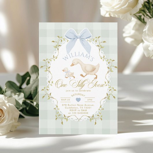 One Silly Goose Boy Gingham 1st Birthday Kaart