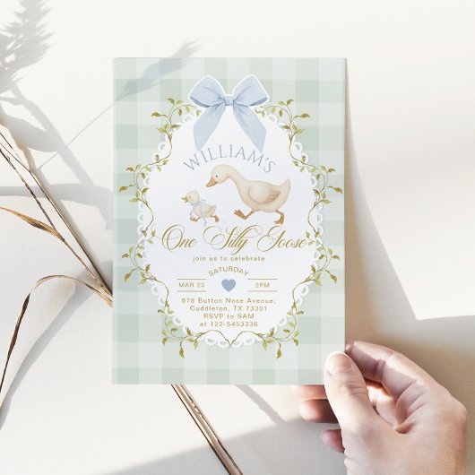 One Silly Goose Boy Gingham 1st Birthday Kaart