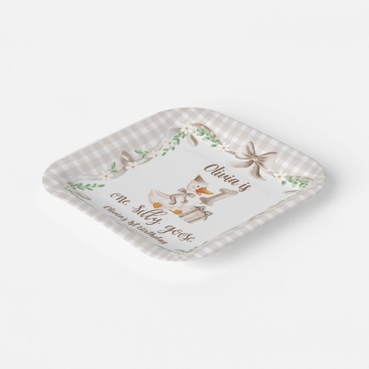 One Silly Goose Brown Bow 1st Birthday Papieren Bordje (Gebogen)