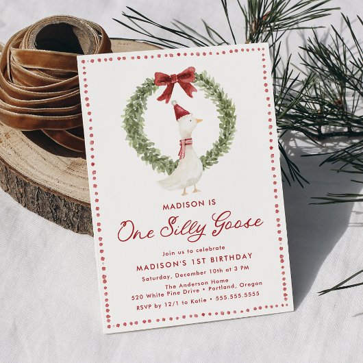 One Silly Goose Christmas Red Bow 1st Birthday Kaart