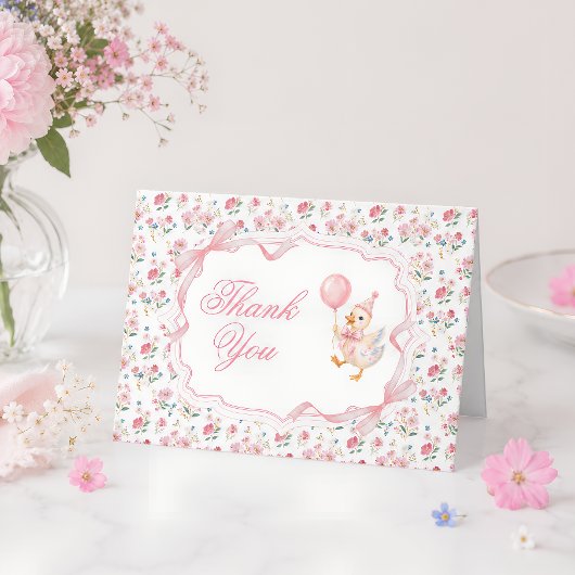 One Silly Goose Coquette Roze Bloem 1e Verjaardag Bedankkaart