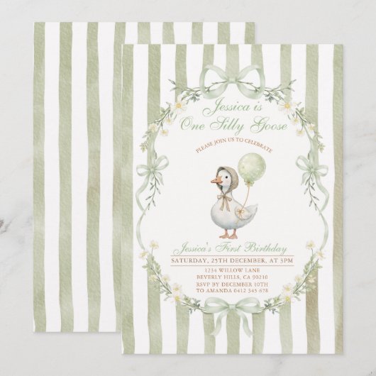 One Silly Goose First Birthday Green Invitation Kaart (Voorkant / Achterkant)