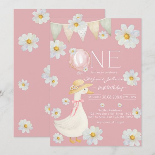 ONE Silly Goose First Birthday Invitation Kaart (Voorkant / Achterkant)