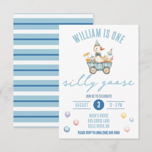 One Silly Goose, First Birthday Party Kaart (Voorkant / Achterkant)