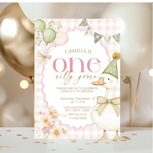 One Silly Goose First Girl Birthday Invitation Kaart