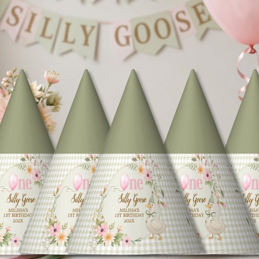 One Silly Goose Gingham Floral Birthday Party Hat Feesthoedjes