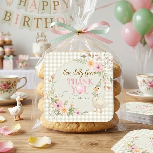 One Silly Goose Gingham Floral Thank You Vierkante Sticker