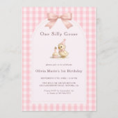 One Silly Goose Gingham Pink Bow Girl 1st Birthday Kaart (Voorkant)