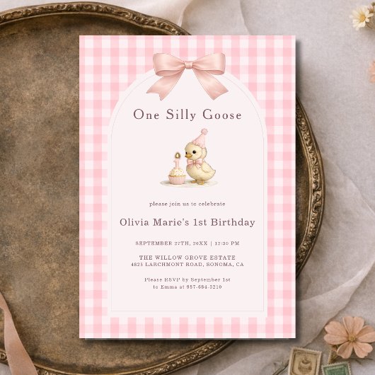 One Silly Goose Gingham Pink Bow Girl 1st Birthday Kaart