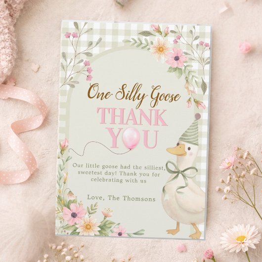 One Silly Goose Gingham Pink Floral Birthday Bedankkaart