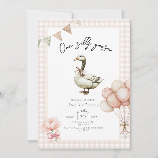 One Silly Goose Girl 1st Birthday  Invitation Kaart (Voorkant)