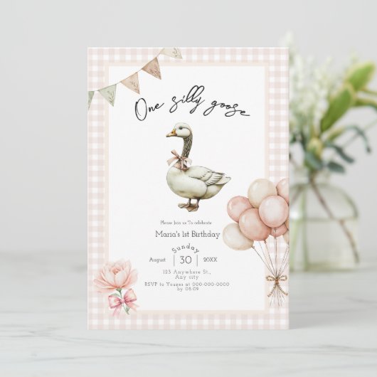 One Silly Goose Girl 1st Birthday  Invitation Kaart (Staand voorkant)