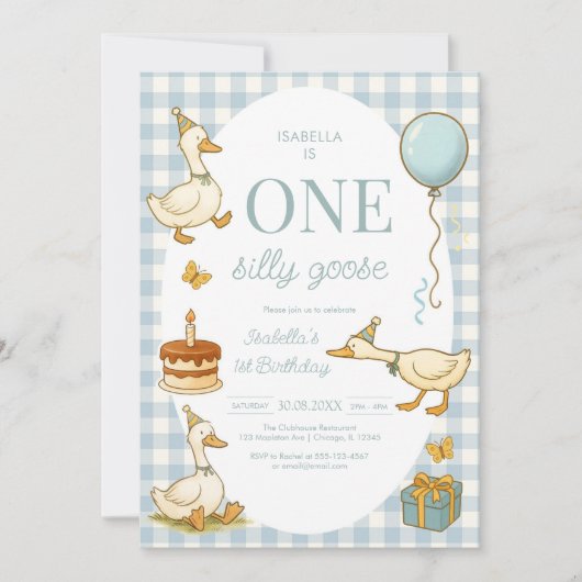 One Silly Goose Girl 1st Birthday Party Invitation Kaart (Voorkant)