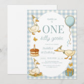 One Silly Goose Girl 1st Birthday Party Invitation Kaart (Voorkant / Achterkant)