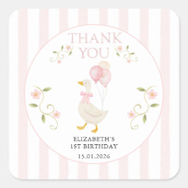 One Silly Goose Girl 1st Birthday Pink Thank You Vierkante Sticker