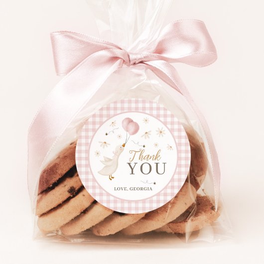 One Silly Goose Girls 1e Verjaardag Roze Gingham Ronde Sticker