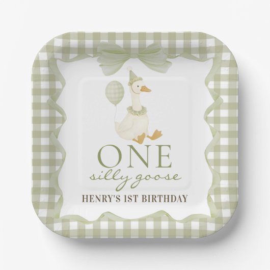 One Silly Goose Green 1st Birthday Paper Plate Papieren Bordje (Voorkant)