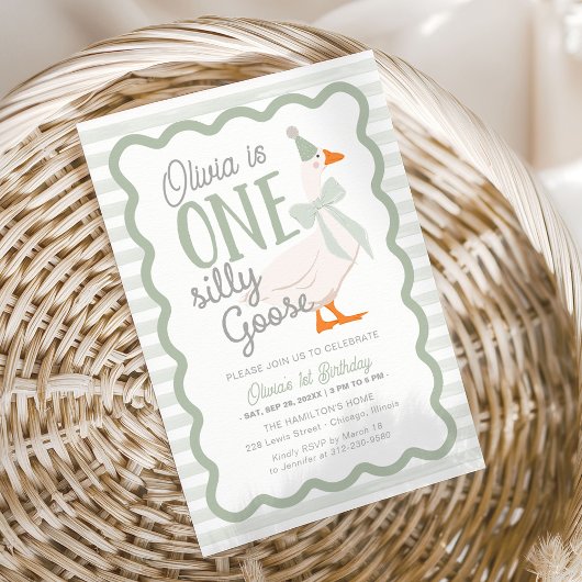 One Silly Goose Green Bow 1st Birthday Kaart