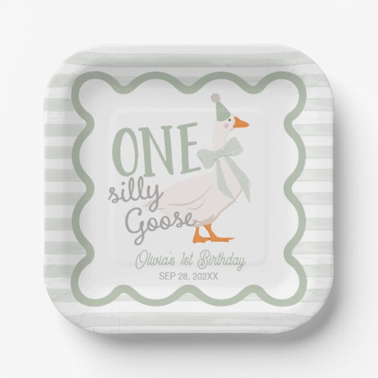 One Silly Goose Green Bow 1st Birthday Papieren Bordje (Voorkant)