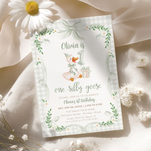One Silly Goose Green Bow Floral 1st Birthday Kaart