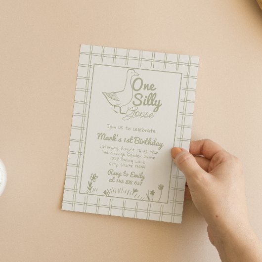 One Silly Goose Green Drawn 1st First Birthday Kaart