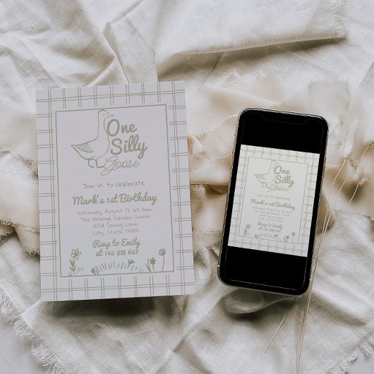 One Silly Goose Green Drawn 1st First Birthday  Kaart