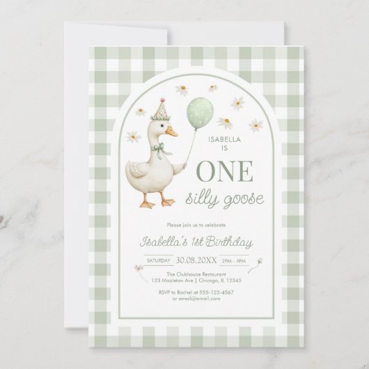One Silly Goose Green Girl 1st Birthday Invitation Kaart (Voorkant)