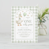 One Silly Goose Green Girl 1st Birthday Invitation Kaart (Staand voorkant)