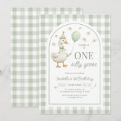 One Silly Goose Green Girl 1st Birthday Invitation Kaart (Voorkant / Achterkant)
